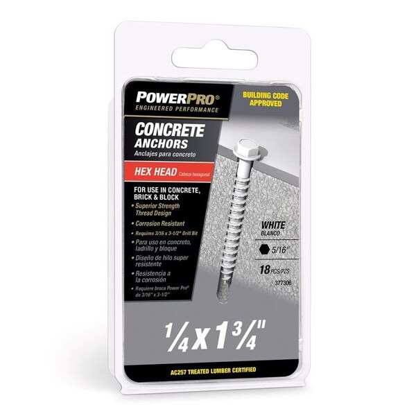 Concrete Screw Anchor, 1-3/4 in L, Carbon Steel White Epoxy Coated, 18 PK
